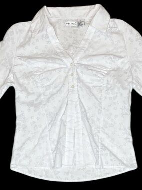 Vintage Y2K Wet Seal White Sheer Floral Three Button Ruched Blouse Size Large